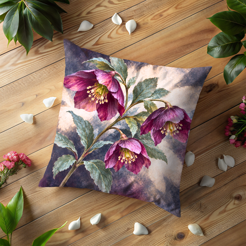 Burgundy Nodding Flowers Pillow Cover | Two Leafy Stems Against a Mottled Mauve Wash