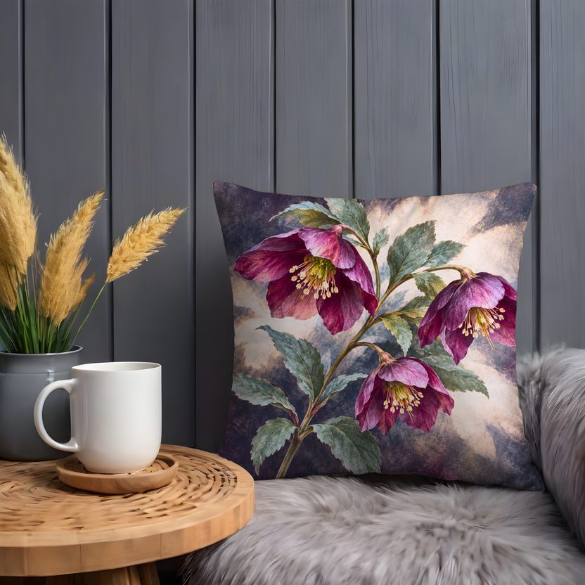 Burgundy Nodding Flowers Pillow Cover | Two Leafy Stems Against a Mottled Mauve Wash