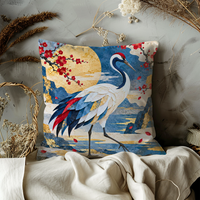 Red-crowned Crane Pillow Cover | Golden Moon Over Blue Mountains with Red Blossom Branches