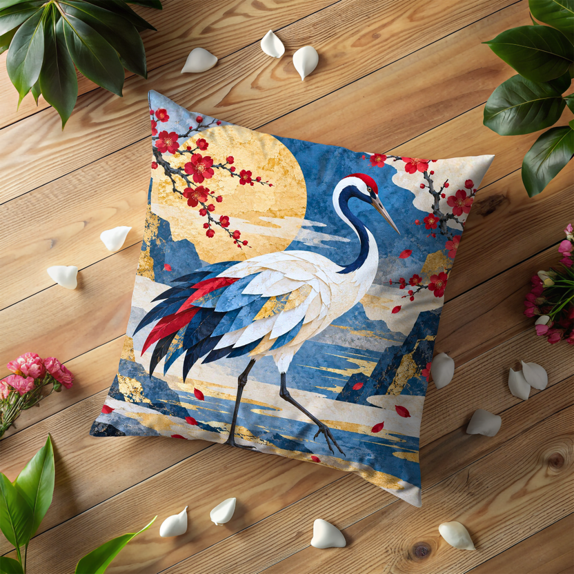 Red-crowned Crane Pillow Cover | Golden Moon Over Blue Mountains with Red Blossom Branches