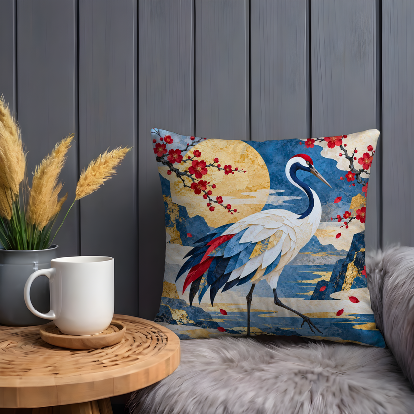 Red-crowned Crane Pillow Cover | Golden Moon Over Blue Mountains with Red Blossom Branches
