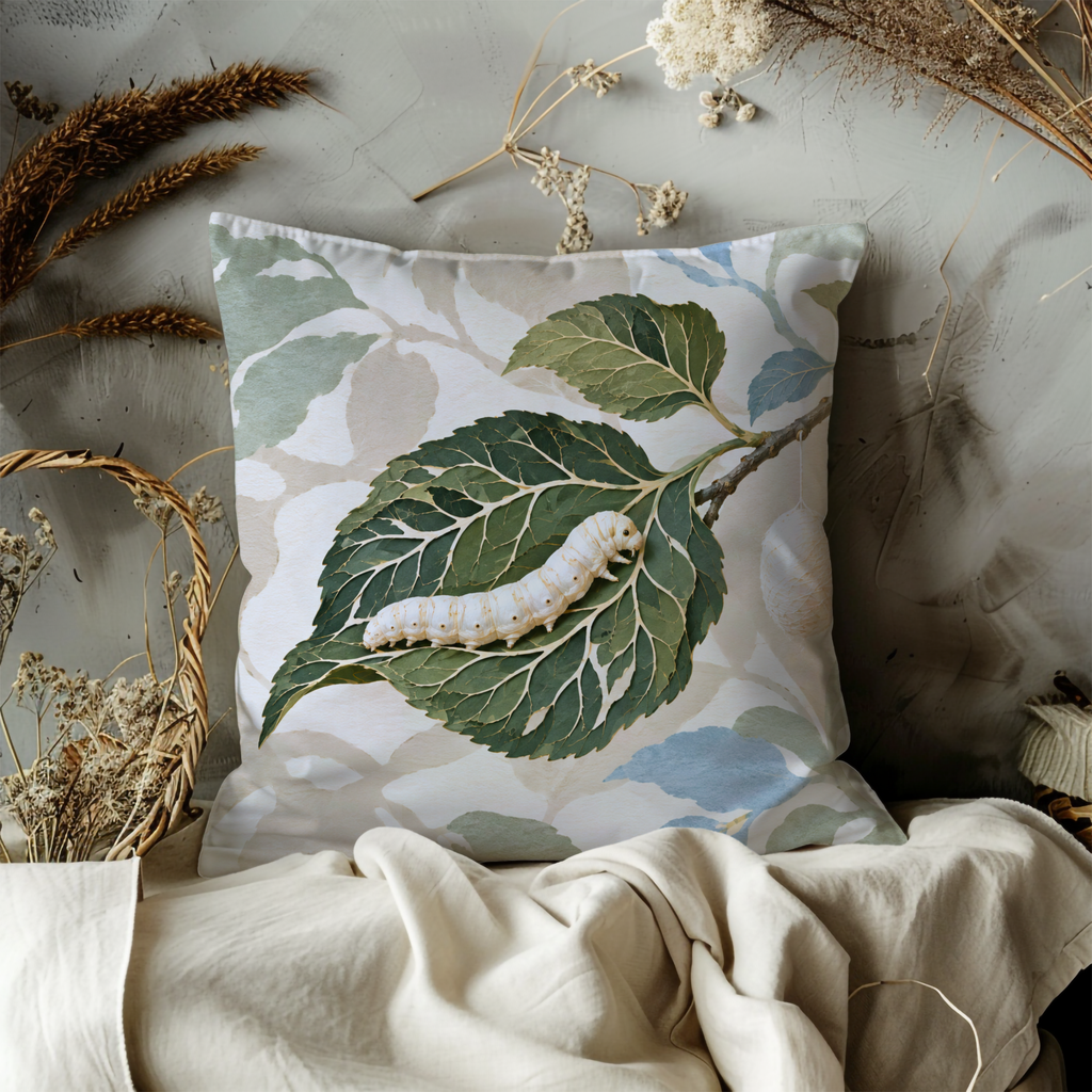 Spotted Caterpillar Pillow Cover | Veined Green Leaf on a Woody Branch Against a Faded Leafy Backdrop, with a Hanging Pale Oval