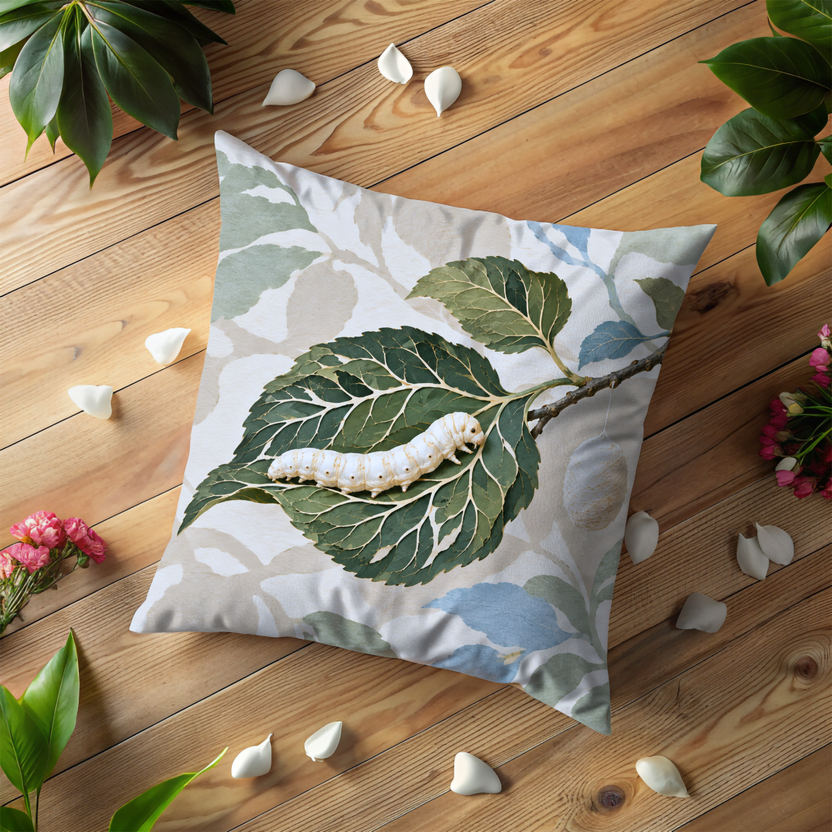 Spotted Caterpillar Pillow Cover | Veined Green Leaf on a Woody Branch Against a Faded Leafy Backdrop, with a Hanging Pale Oval