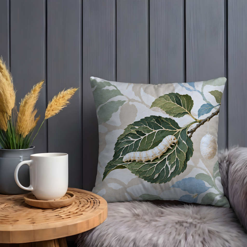 Spotted Caterpillar Pillow Cover | Veined Green Leaf on a Woody Branch Against a Faded Leafy Backdrop, with a Hanging Pale Oval