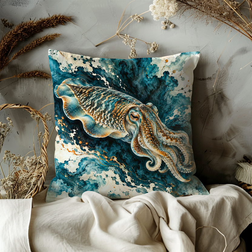 Cuttlefish Pillow Cover | Swirling Teal Wash with Cream Blooms and Gold Flecks