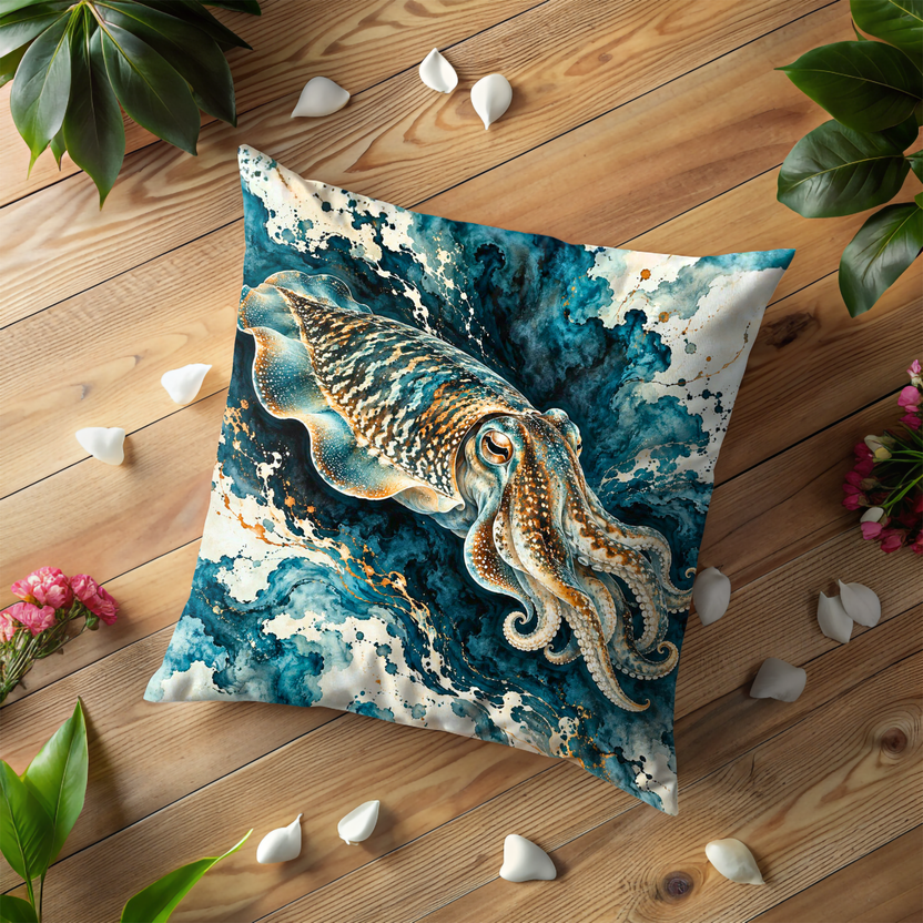 Cuttlefish Pillow Cover | Swirling Teal Wash with Cream Blooms and Gold Flecks