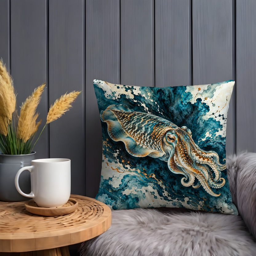 Cuttlefish Pillow Cover | Swirling Teal Wash with Cream Blooms and Gold Flecks
