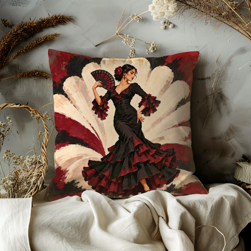 Flamenco Dancer Pillow Cover | Radiating Cream Petal Backdrop with Red and Black Brushstrokes
