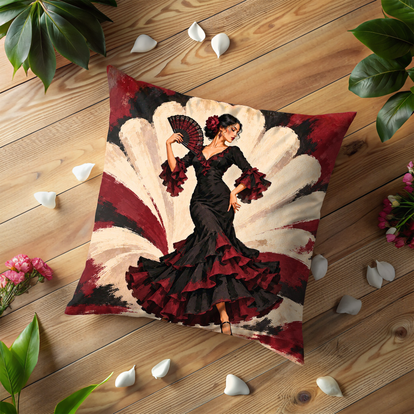 Flamenco Dancer Pillow Cover | Radiating Cream Petal Backdrop with Red and Black Brushstrokes