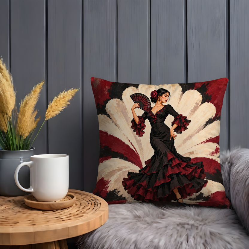 Flamenco Dancer Pillow Cover | Radiating Cream Petal Backdrop with Red and Black Brushstrokes