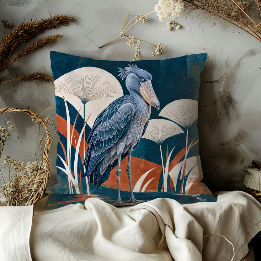 Shoebill Stork Pillow Cover | White Fan Plants in a Teal and Orange Landscape