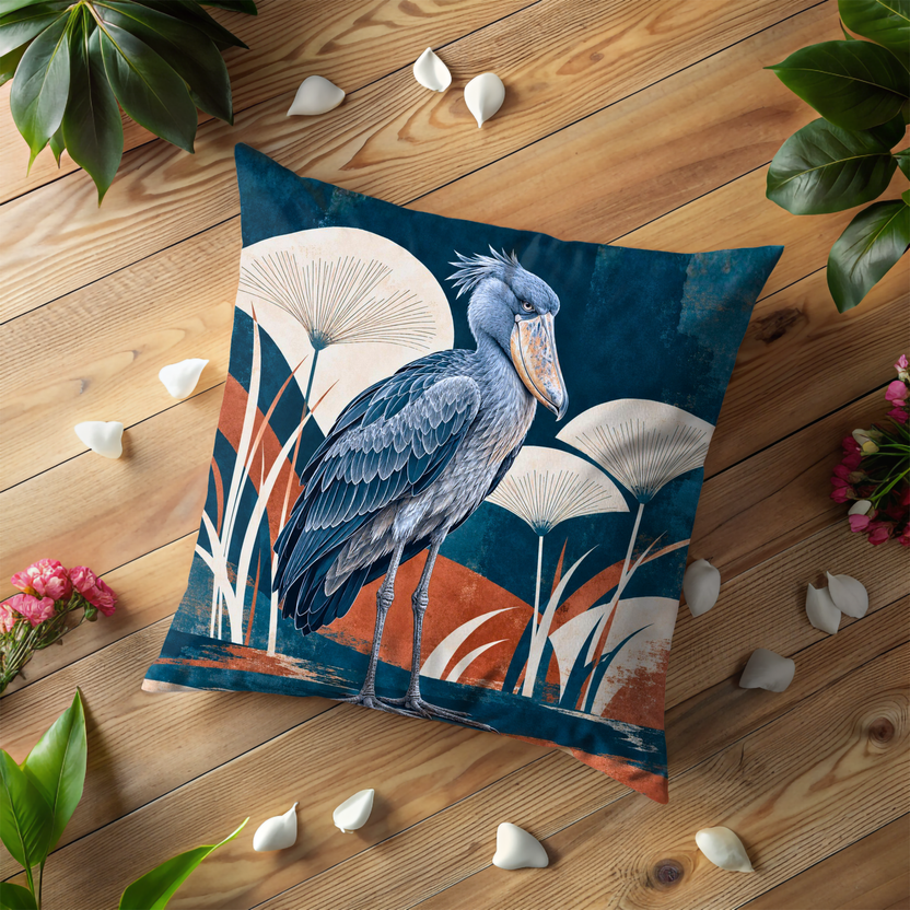 Shoebill Stork Pillow Cover | White Fan Plants in a Teal and Orange Landscape