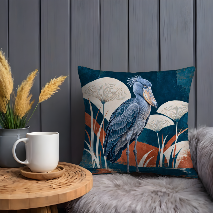 Shoebill Stork Pillow Cover | White Fan Plants in a Teal and Orange Landscape