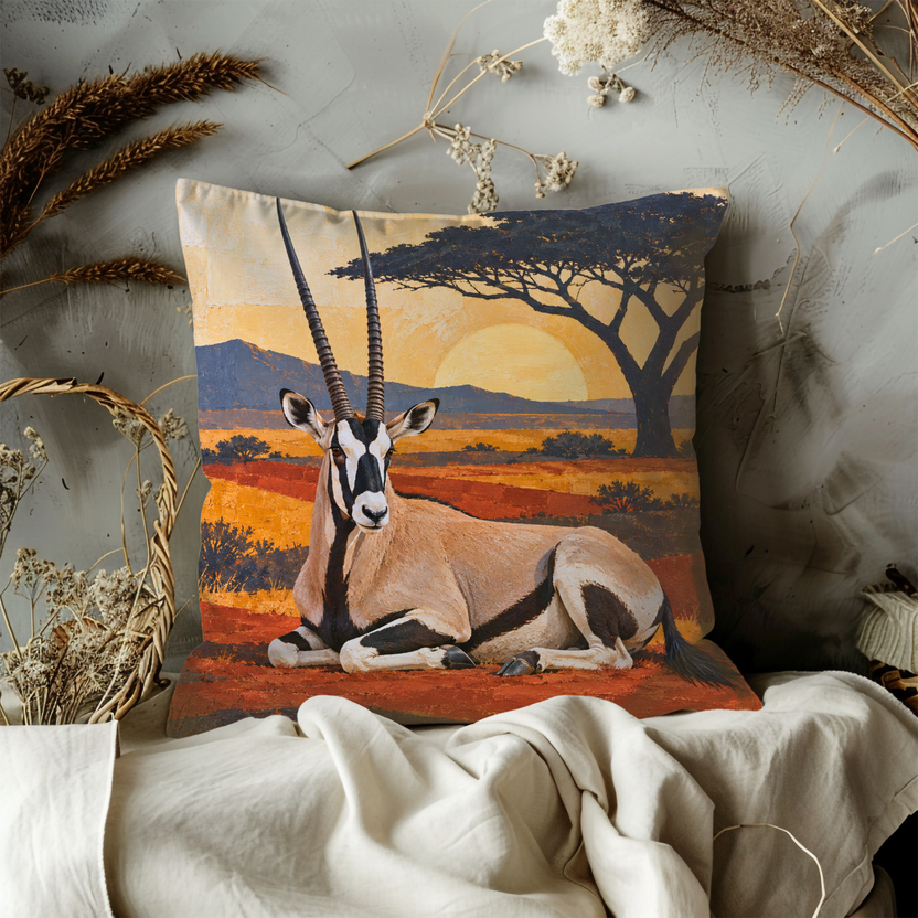 Oryx Resting Pillow Cover | Oryx (Gemsbok) Resting, African Savanna Landscape at Sunset