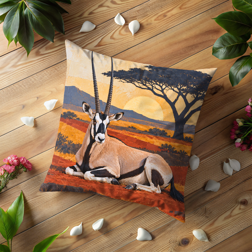 Oryx Resting Pillow Cover | Oryx (Gemsbok) Resting, African Savanna Landscape at Sunset