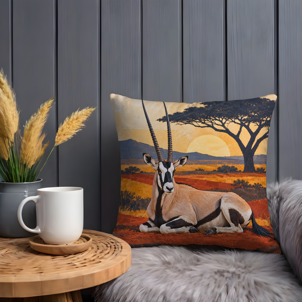 Oryx Resting Pillow Cover | Oryx (Gemsbok) Resting, African Savanna Landscape at Sunset