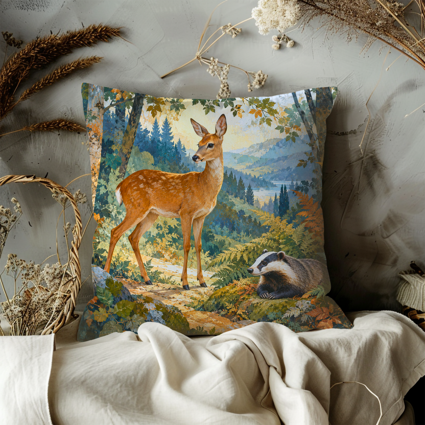 Young Deer Pillow Cover | Sunlit Autumn Birch Forest Path with Ferns and Distant Mountains