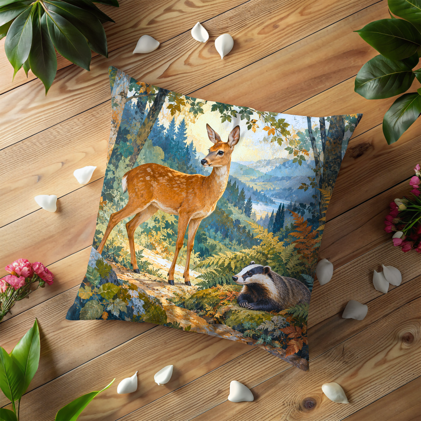 Young Deer Pillow Cover | Sunlit Autumn Birch Forest Path with Ferns and Distant Mountains