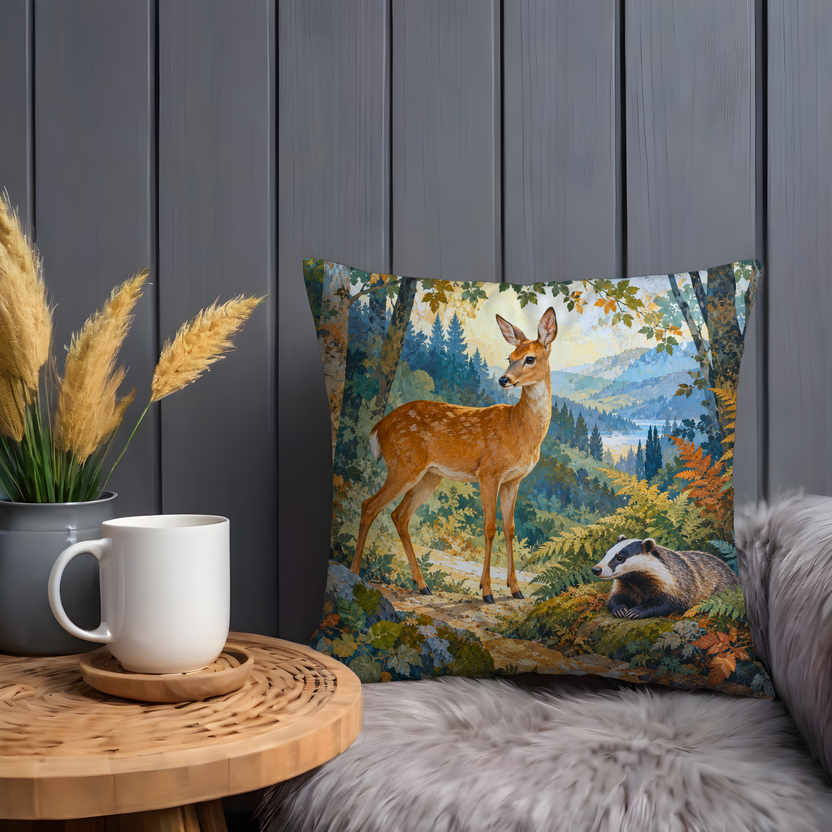 Young Deer Pillow Cover | Sunlit Autumn Birch Forest Path with Ferns and Distant Mountains