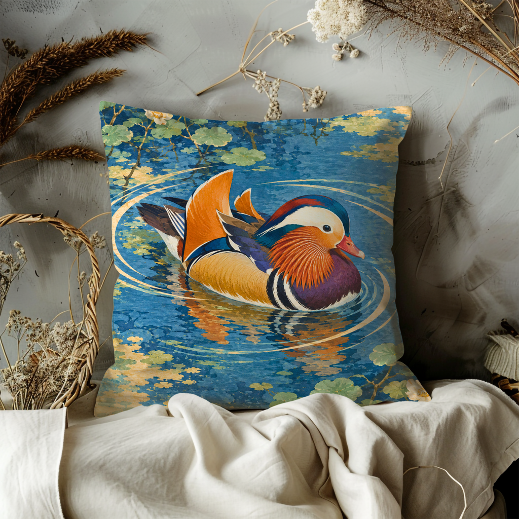 Mandarin Duck Pillow Cover | Pond Scene