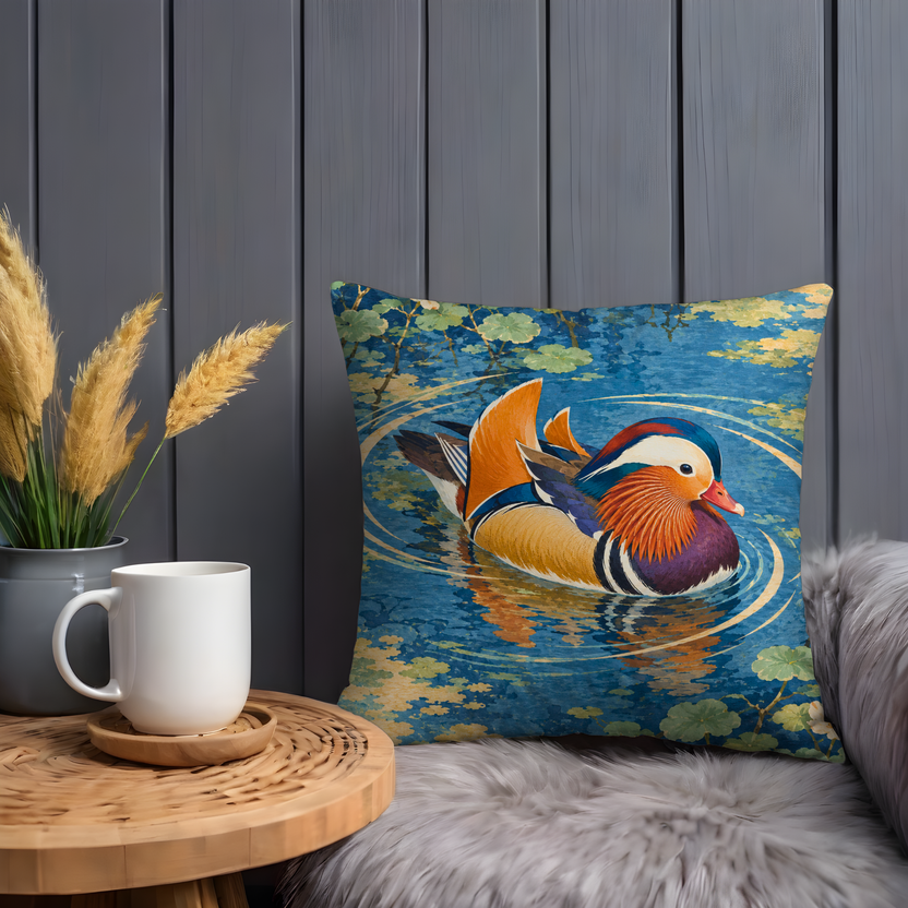 Mandarin Duck Pillow Cover | Pond Scene