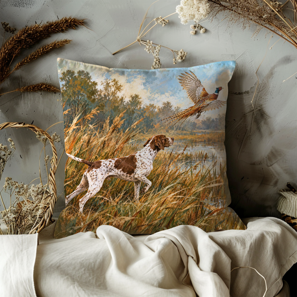 Hunting Dog Pointing Flushing Pheasant Pillow Cover | Marshland or Wetland Landscape with Tall Reeds and Water
