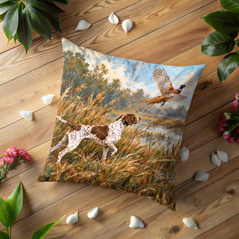 Hunting Dog Pointing Flushing Pheasant Pillow Cover | Marshland or Wetland Landscape with Tall Reeds and Water