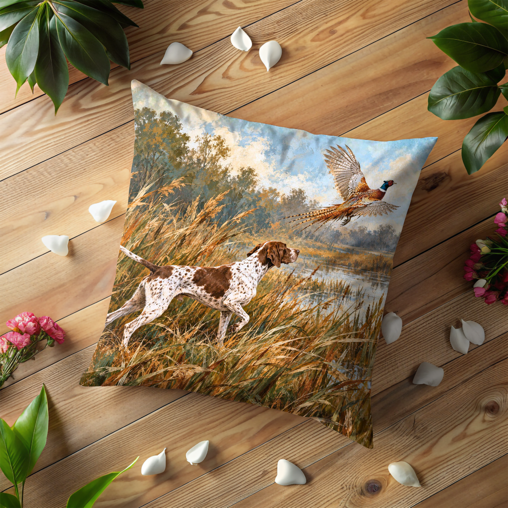 Hunting Dog Pointing Flushing Pheasant Pillow Cover | Marshland or Wetland Landscape with Tall Reeds and Water