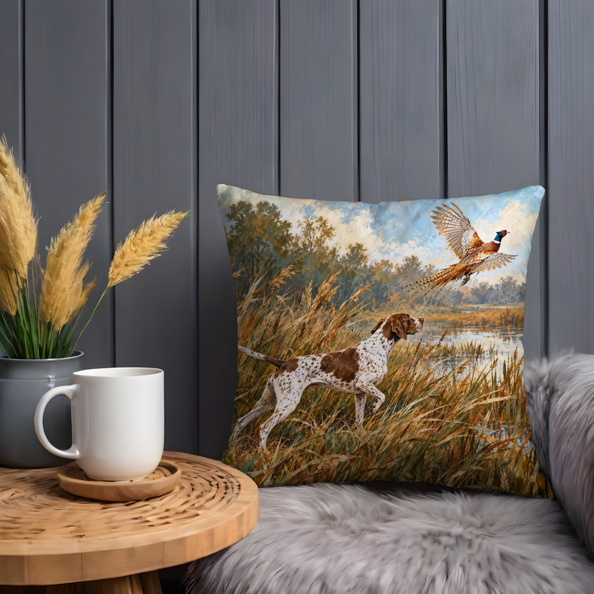 Hunting Dog Pointing Flushing Pheasant Pillow Cover | Marshland or Wetland Landscape with Tall Reeds and Water