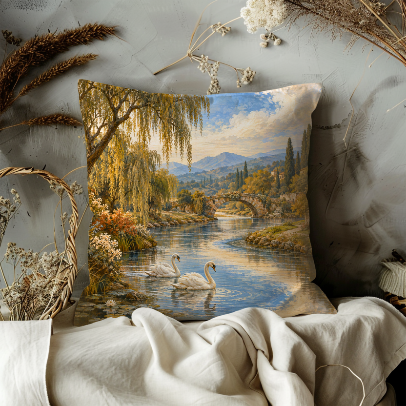 Swans on a River Pillow Cover | Idyllic European Countryside Landscape with a River and Bridge, Possibly Autumn
