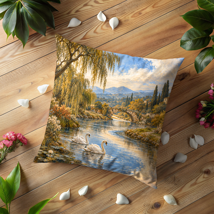 Swans on a River Pillow Cover | Idyllic European Countryside Landscape with a River and Bridge, Possibly Autumn