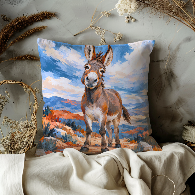 Donkey Pillow Cover | Desert Landscape with Mountains Under a Cloudy Sky