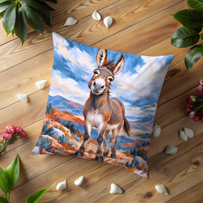 Donkey Pillow Cover | Desert Landscape with Mountains Under a Cloudy Sky
