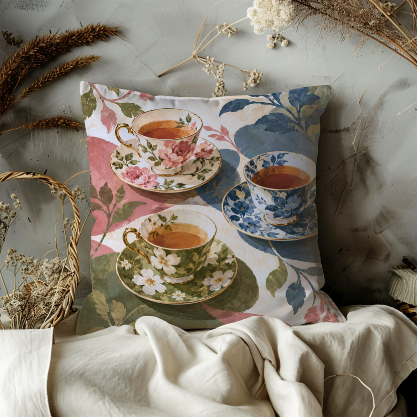 Teacups and Saucers Pillow Cover | Patterned Tabletop