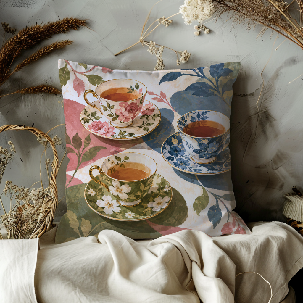 Teacups and Saucers Pillow Cover | Patterned Tabletop
