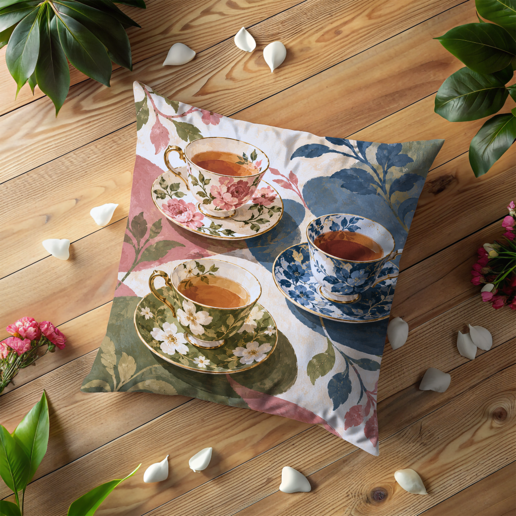 Teacups and Saucers Pillow Cover | Patterned Tabletop