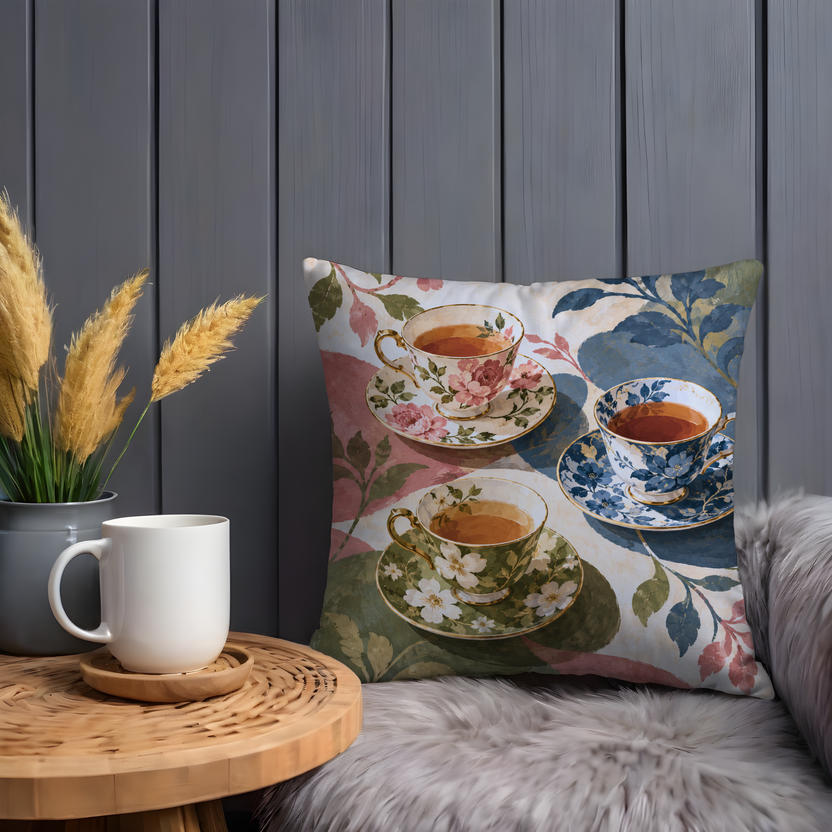 Teacups and Saucers Pillow Cover | Patterned Tabletop