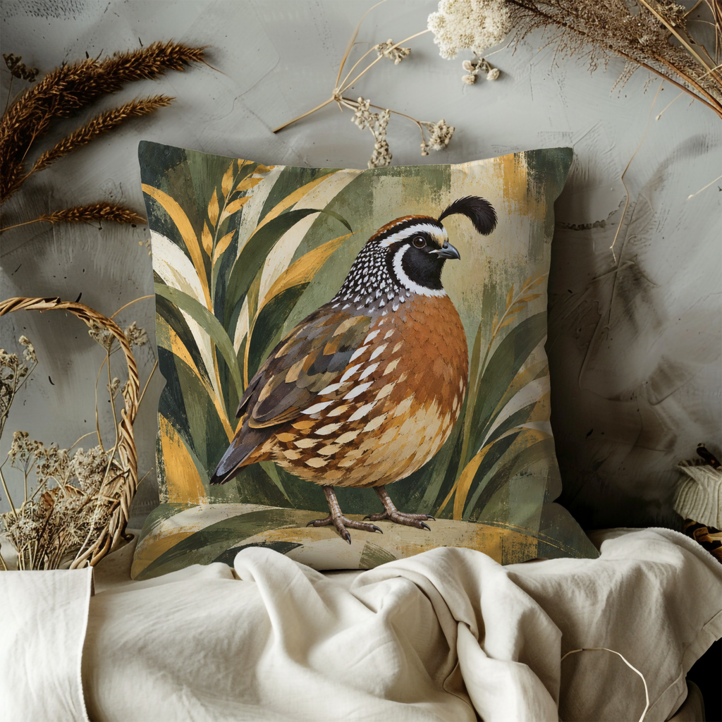 Plumed Quail Pillow Cover | Gold and Olive Grasses