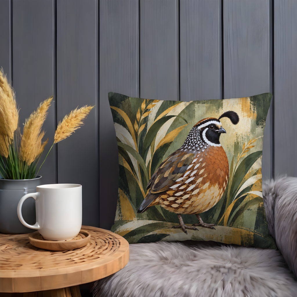 Plumed Quail Pillow Cover | Gold and Olive Grasses