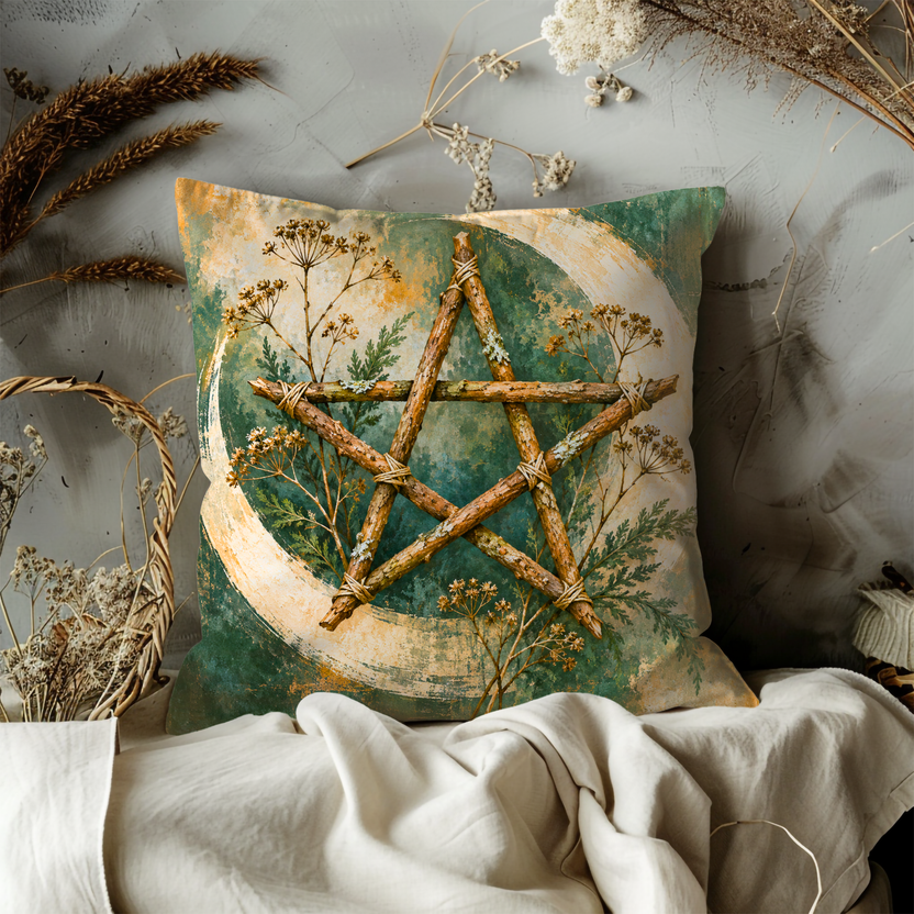 Wooden Pentagram Pillow Cover | Crescent Moon with Wildflowers
