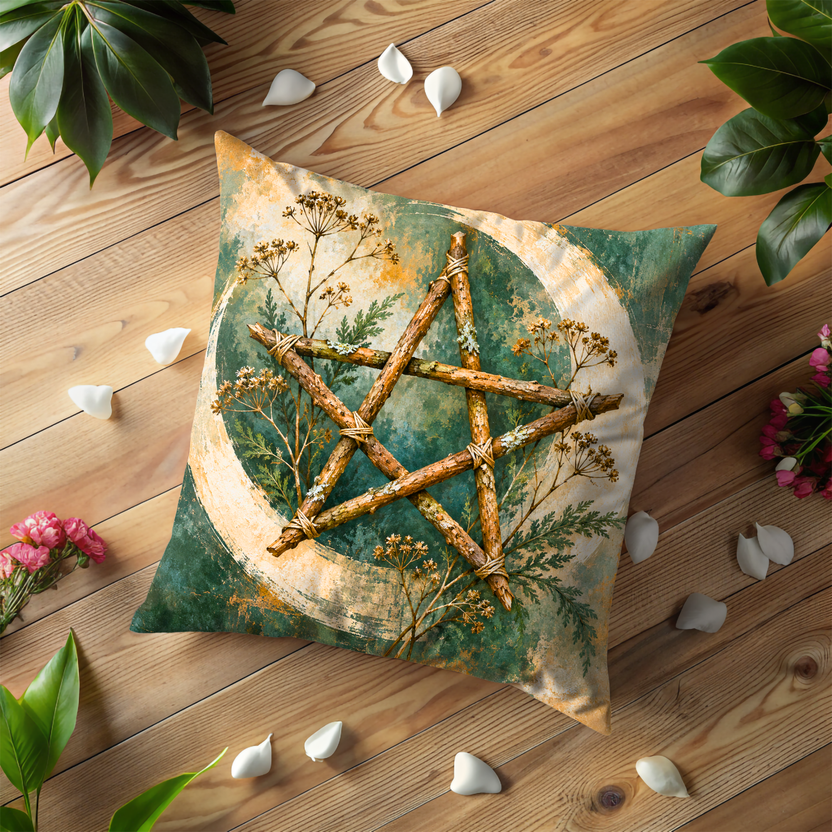 Wooden Pentagram Pillow Cover | Crescent Moon with Wildflowers