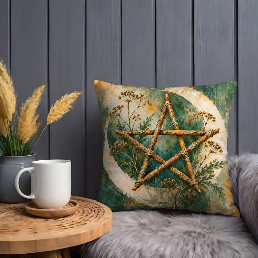Wooden Pentagram Pillow Cover | Crescent Moon with Wildflowers