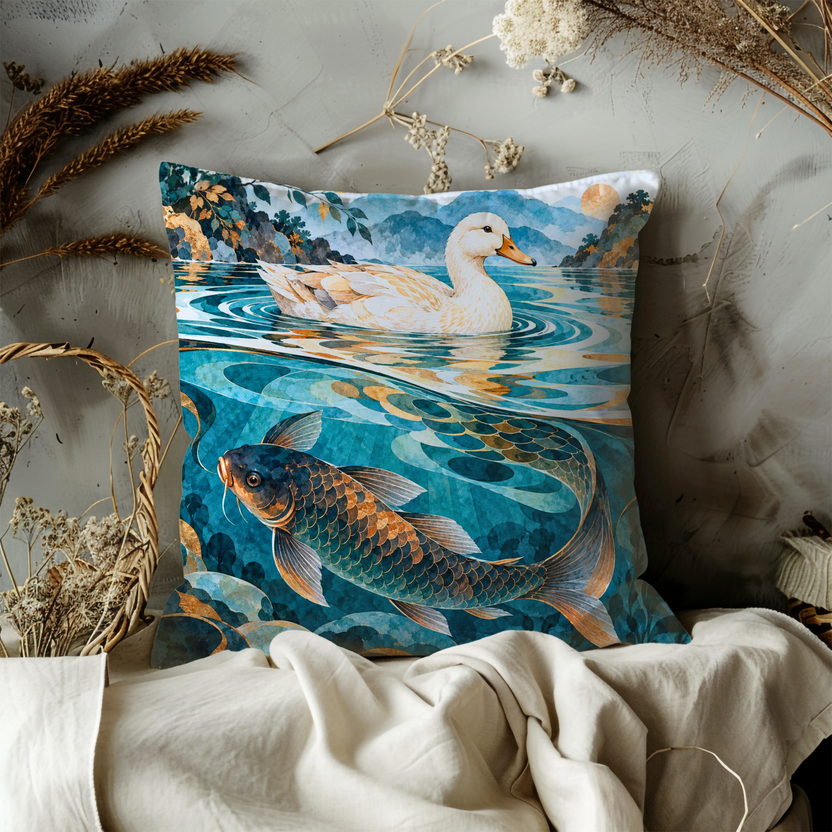 White Duck and Koi Fish Pillow Cover | Blue and Gold Pond Scene