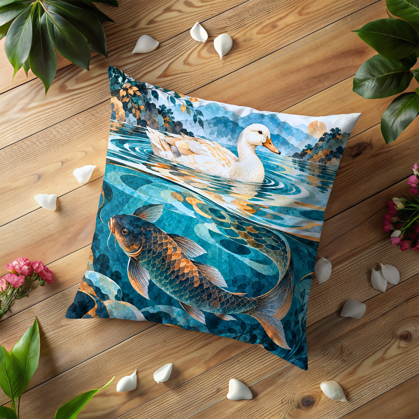 White Duck and Koi Fish Pillow Cover | Blue and Gold Pond Scene