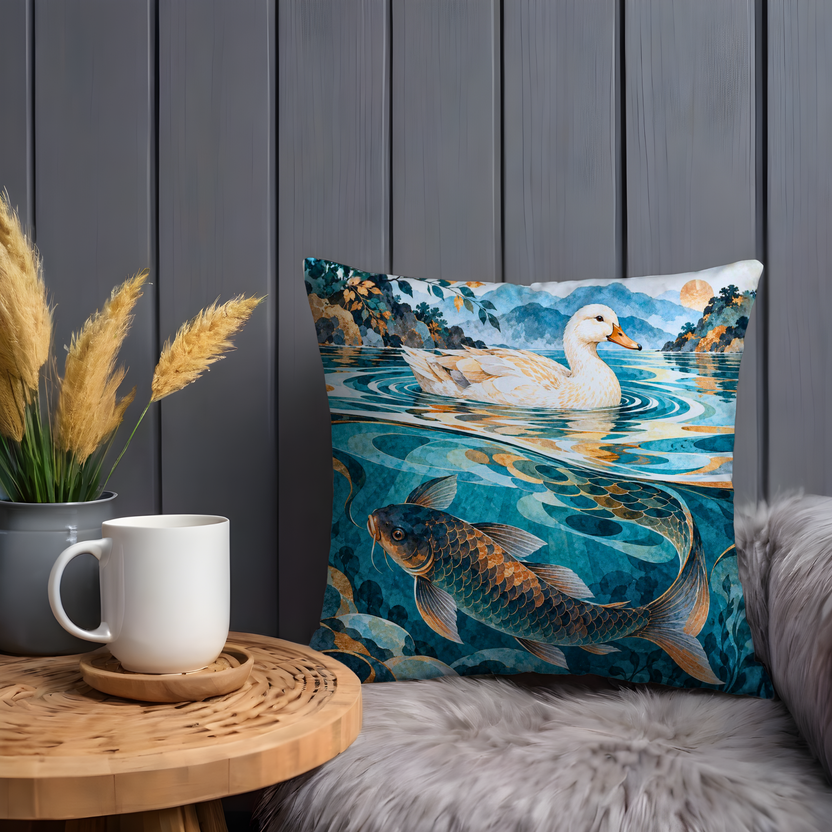 White Duck and Koi Fish Pillow Cover | Blue and Gold Pond Scene