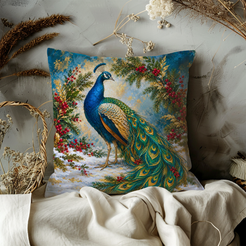 Peacock Pillow Cover | Festive Winter Landscape Framed By Pine Boughs and Red Berries