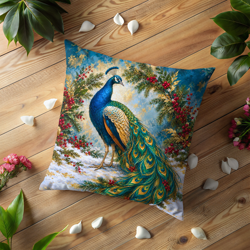 Peacock Pillow Cover | Festive Winter Landscape Framed By Pine Boughs and Red Berries