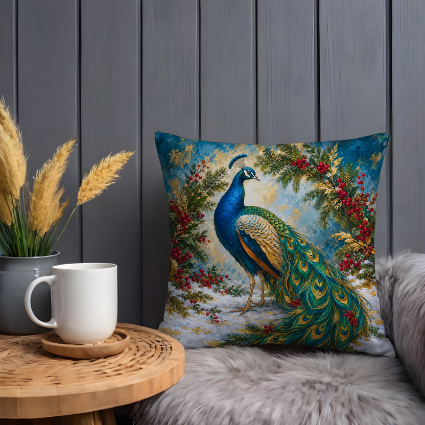 Peacock Pillow Cover | Festive Winter Landscape Framed By Pine Boughs and Red Berries