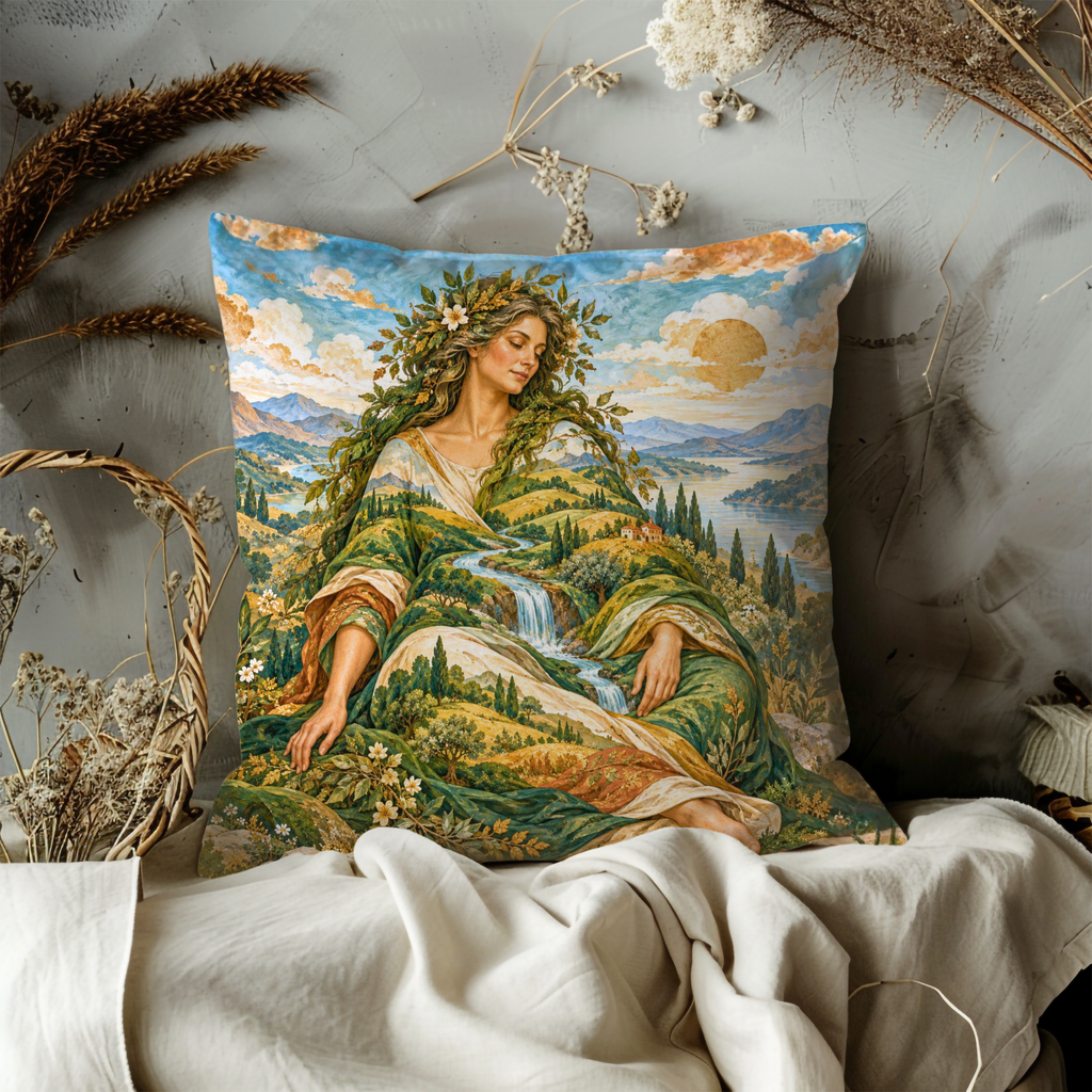 Nature Goddess Figure Pillow Cover | Lush, Verdant, Mountainous Landscape with a Large Body of Water Under a Bright Sky