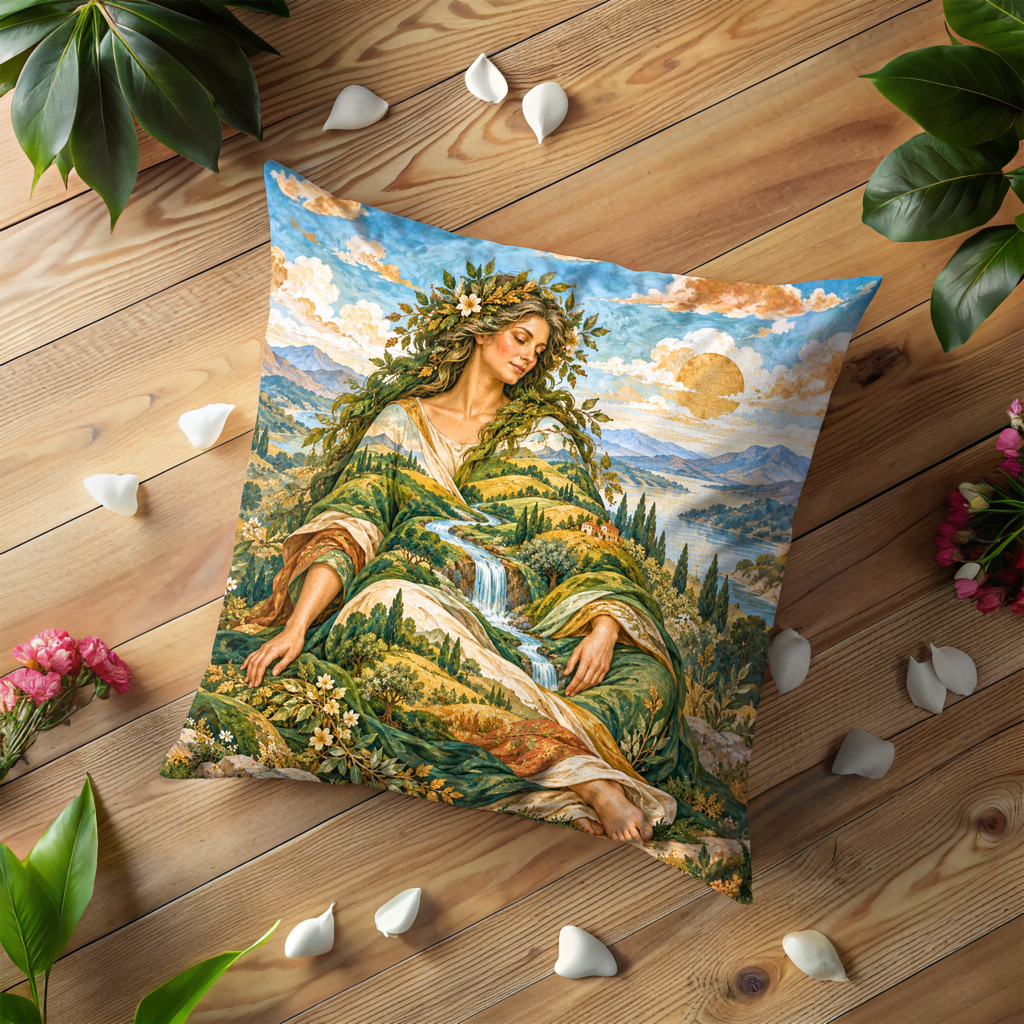 Nature Goddess Figure Pillow Cover | Lush, Verdant, Mountainous Landscape with a Large Body of Water Under a Bright Sky